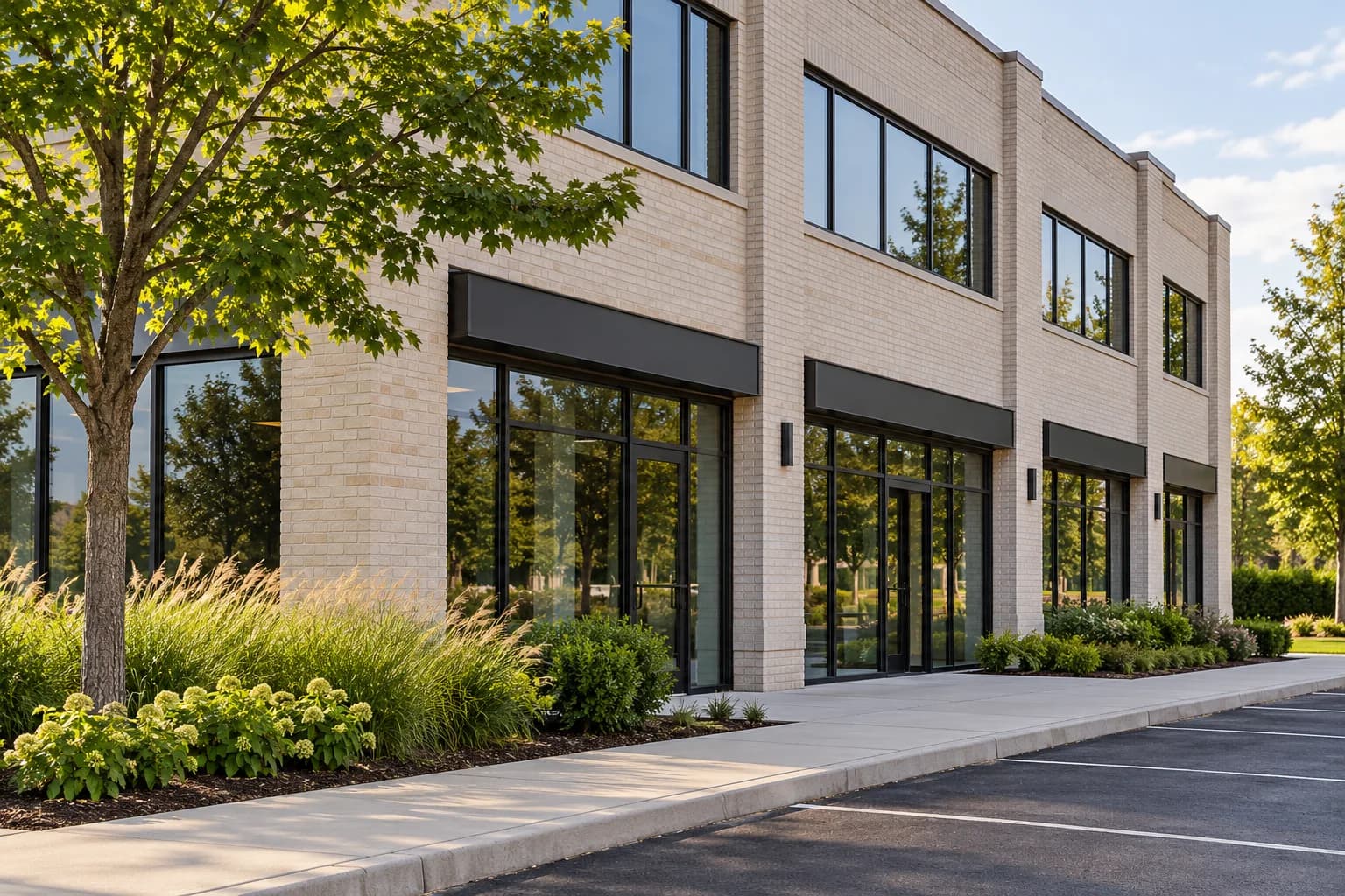 Low-rise brick commercial building with maintained landscaping and a clean asphalt forecourt