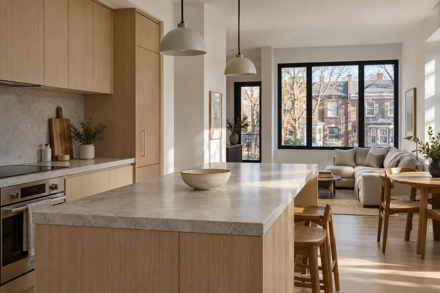 Smooth white wall finishes, oak cabinetry and a precisely finished stone kitchen island