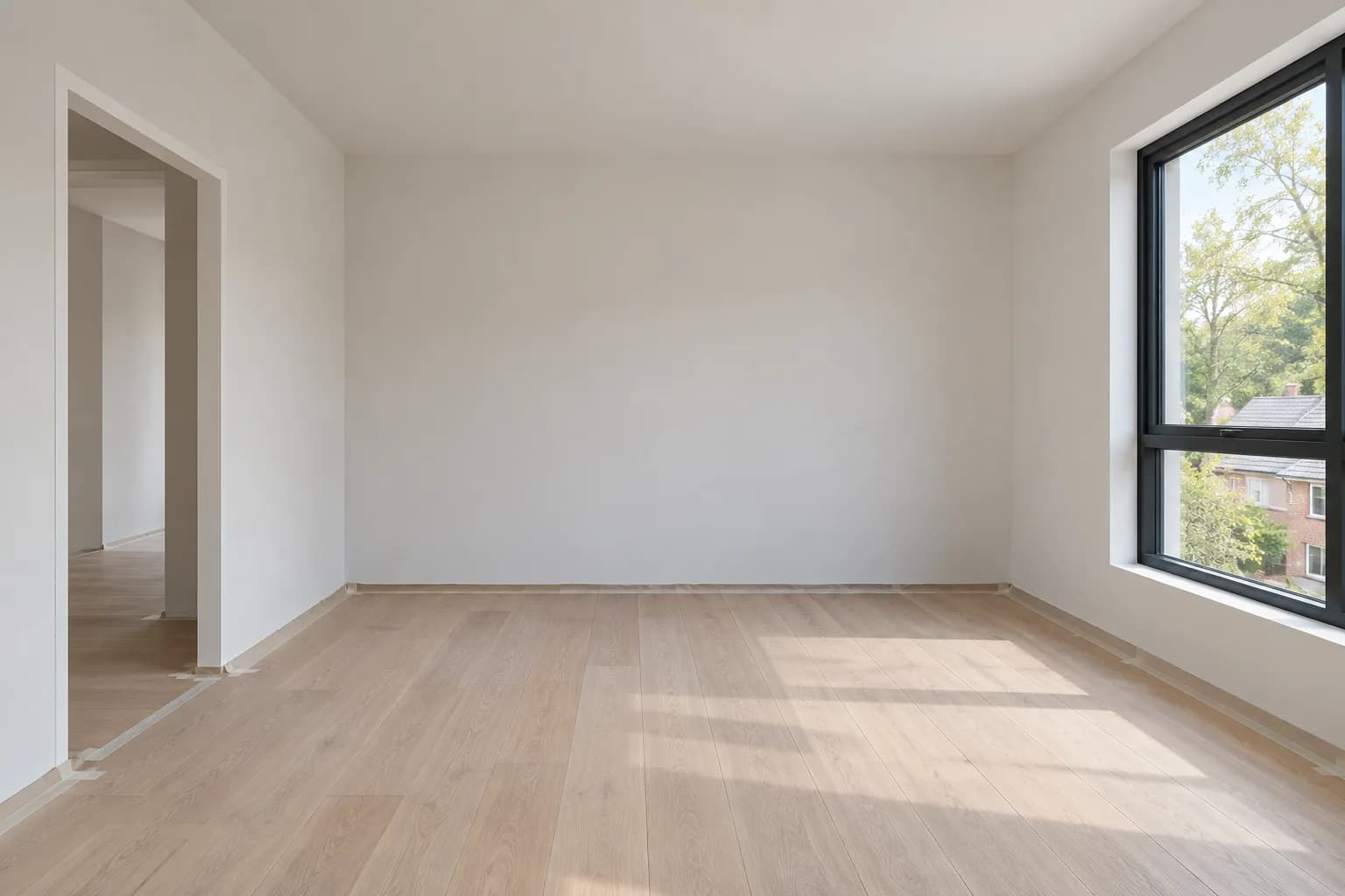 Smooth light walls and ceiling with clean inside corners in a bright, unfurnished room