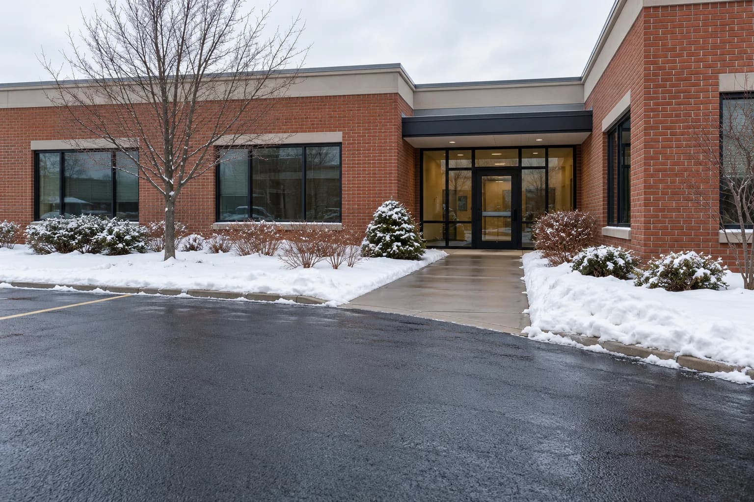 Cleared asphalt and entrance walkway bordered by snow at a low-rise brick commercial property
